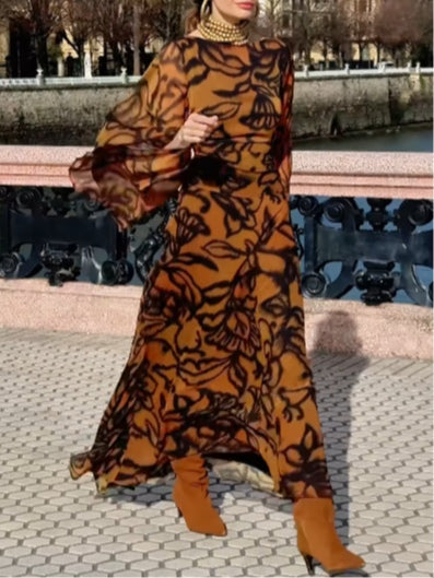 Vestido Largo Marrón Estampado de Mangas Anchas