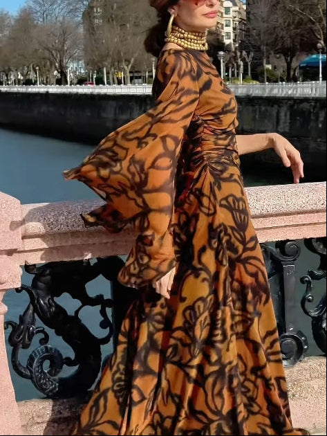 Vestido Largo Marrón Estampado de Mangas Anchas