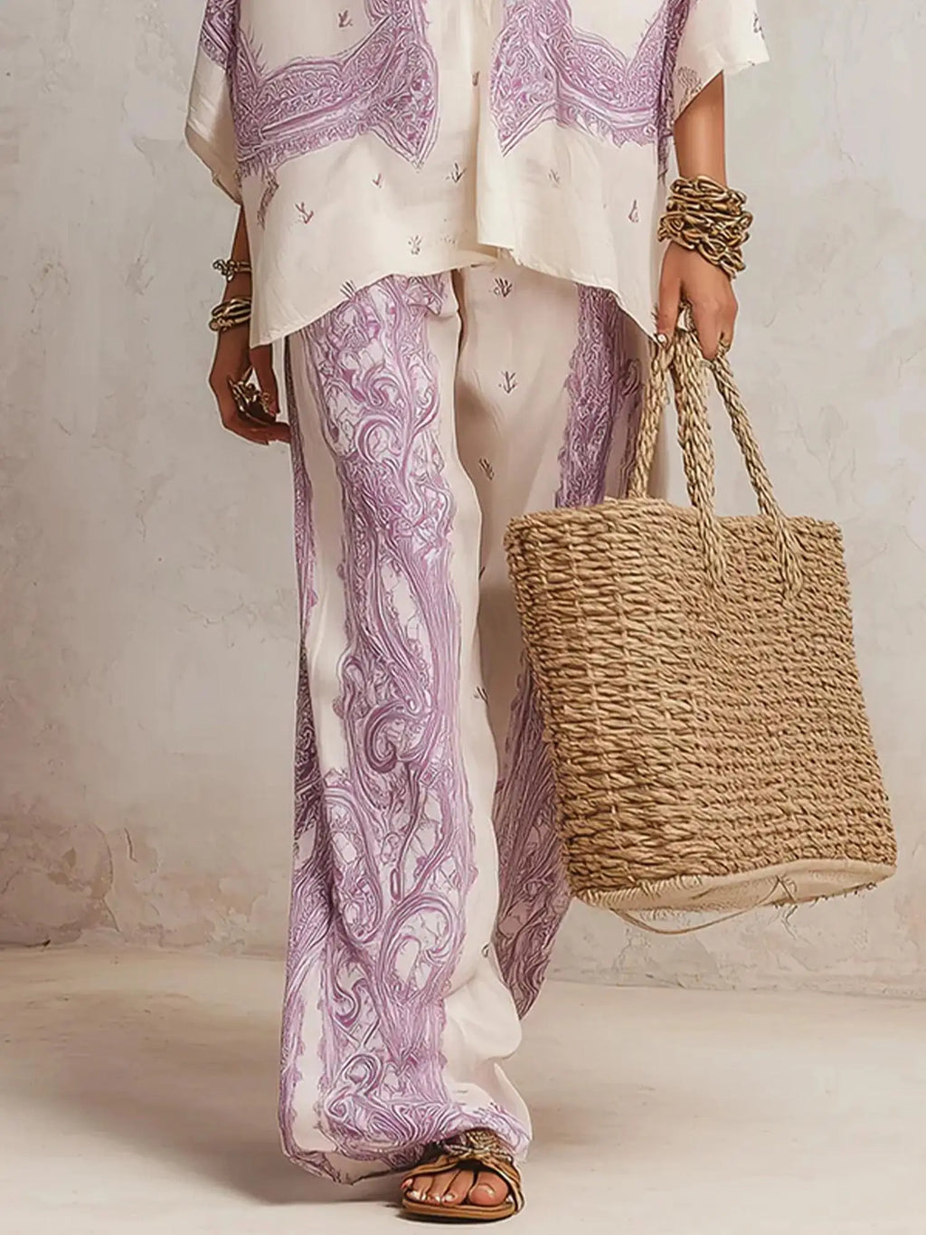 Elise™ Elegante conjunto de dos piezas con estampado paisley, blusa y pantalón de pierna ancha