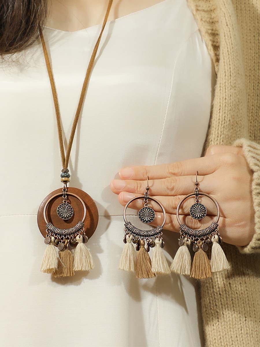 Conjunto de collar y pendientes con borlas, estilo bohemio vintage
