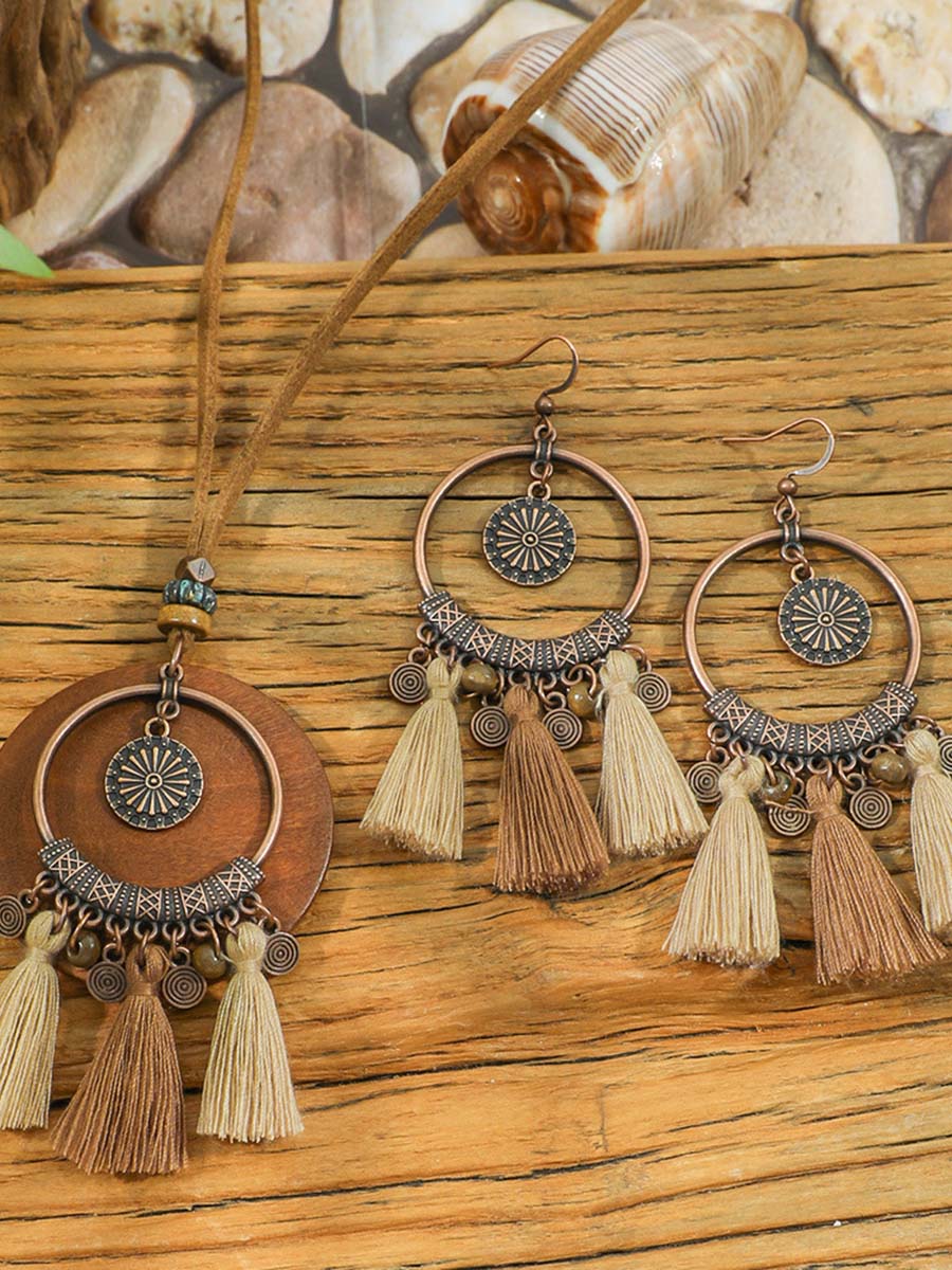 Conjunto de collar y pendientes con borlas, estilo bohemio vintage