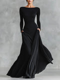 Vestido Largo Negro de Crepé Plisado Cuello Barco