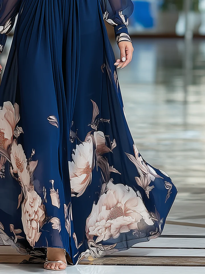 Vestido maxi floral azul marino con mangas de tul y escote en V
