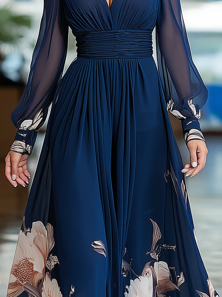 Vestido maxi floral azul marino con mangas de tul y escote en V