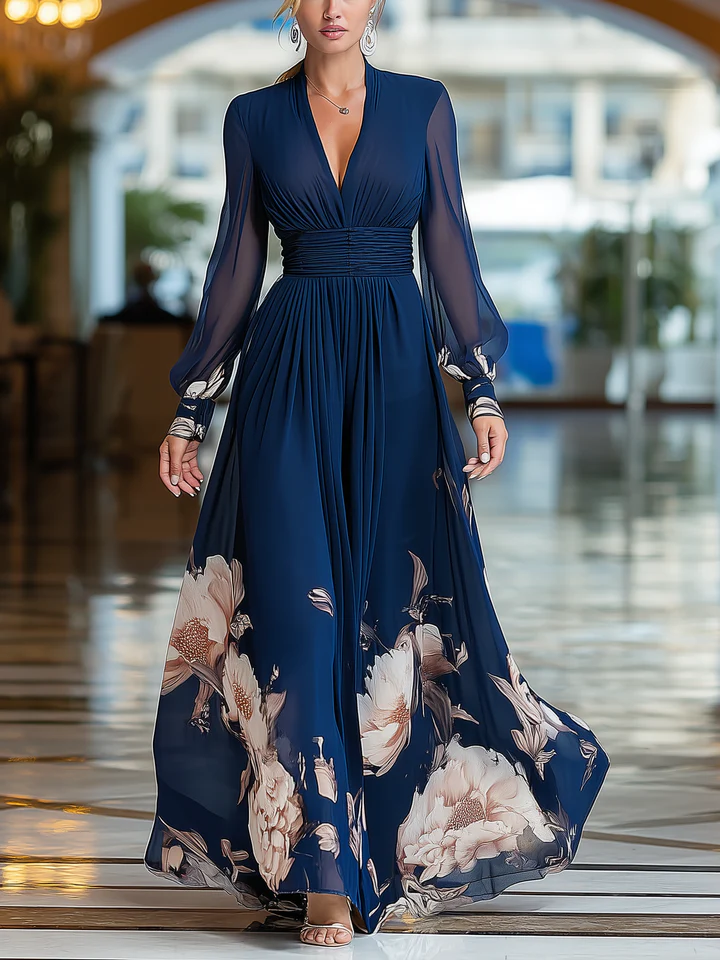 Vestido maxi floral azul marino con mangas de tul y escote en V