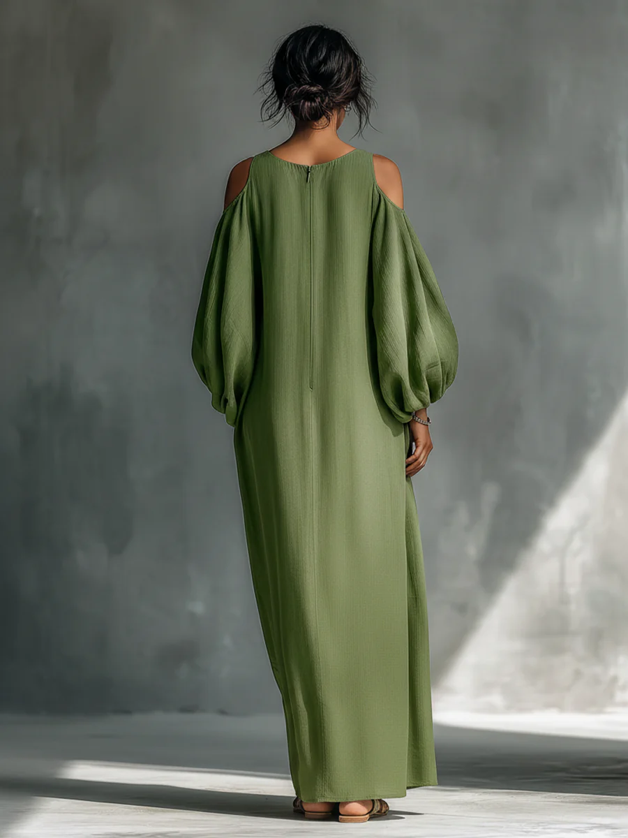 Vestido Maxi Verde de Hombros Descubiertos y Mangas Abullonadas