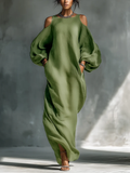 Vestido Maxi Verde de Hombros Descubiertos y Mangas Abullonadas