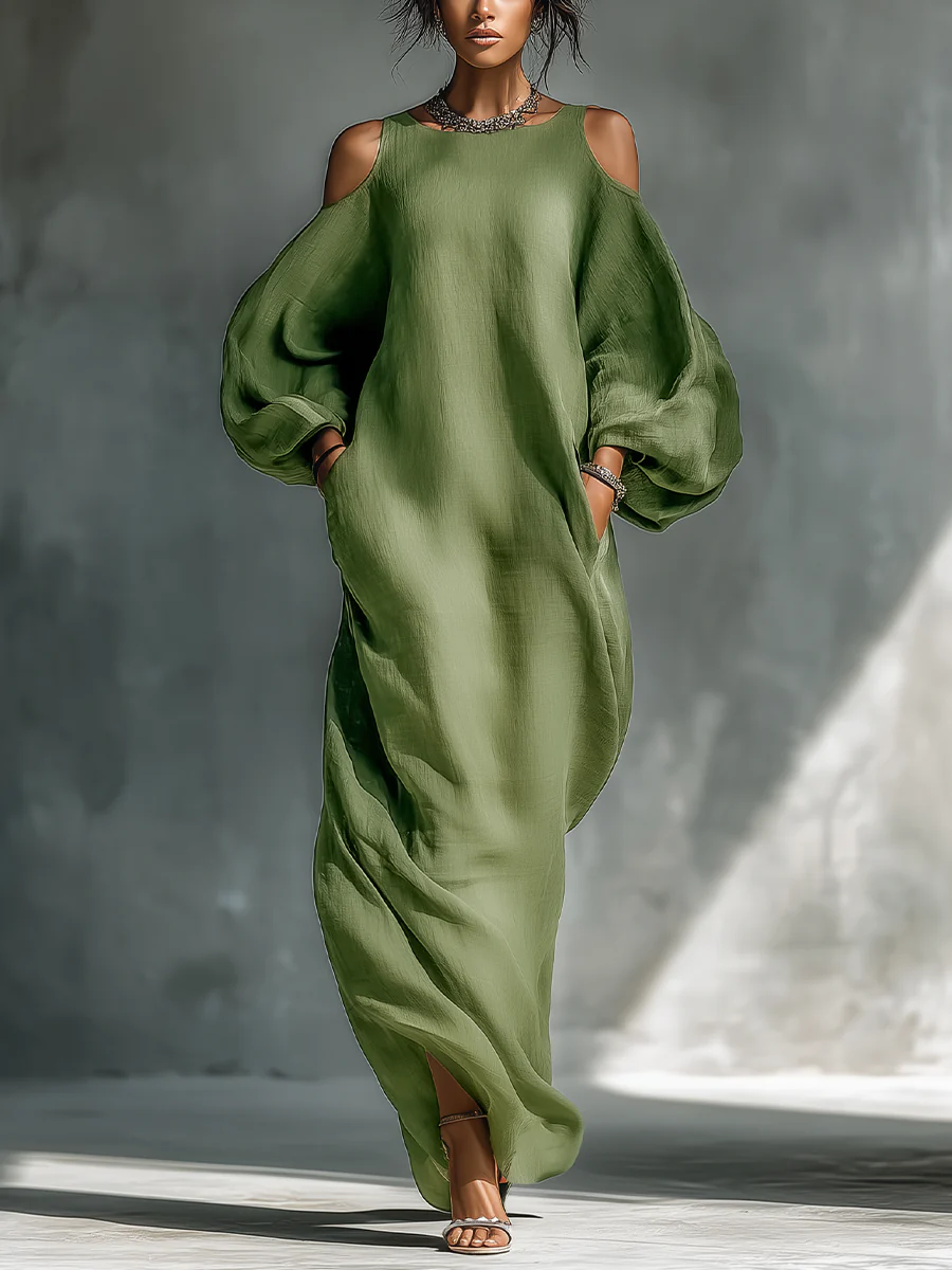 Vestido Maxi Verde de Hombros Descubiertos y Mangas Abullonadas