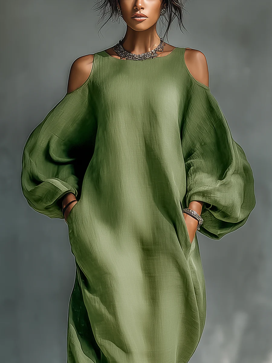 Vestido Maxi Verde de Hombros Descubiertos y Mangas Abullonadas