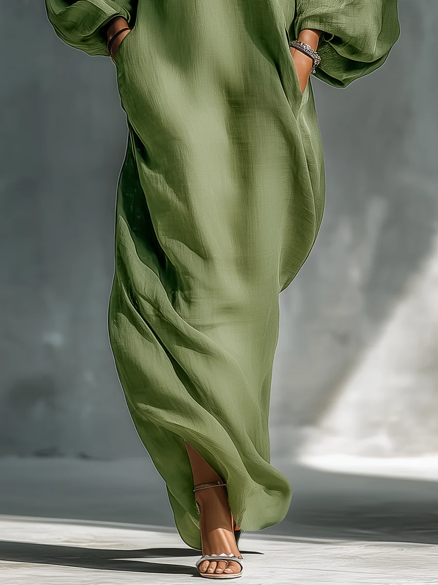 Vestido Maxi Verde de Hombros Descubiertos y Mangas Abullonadas