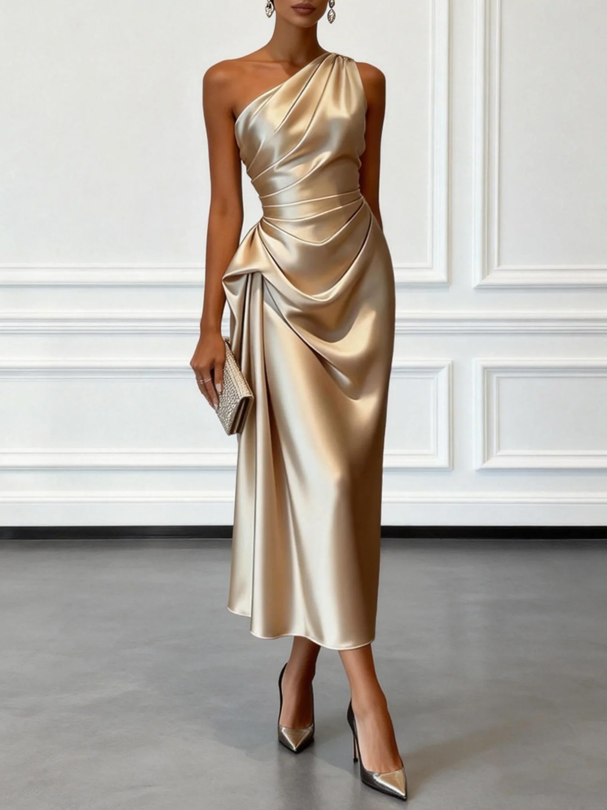 Vestido midi color champán de satén con volantes y de un solo hombro