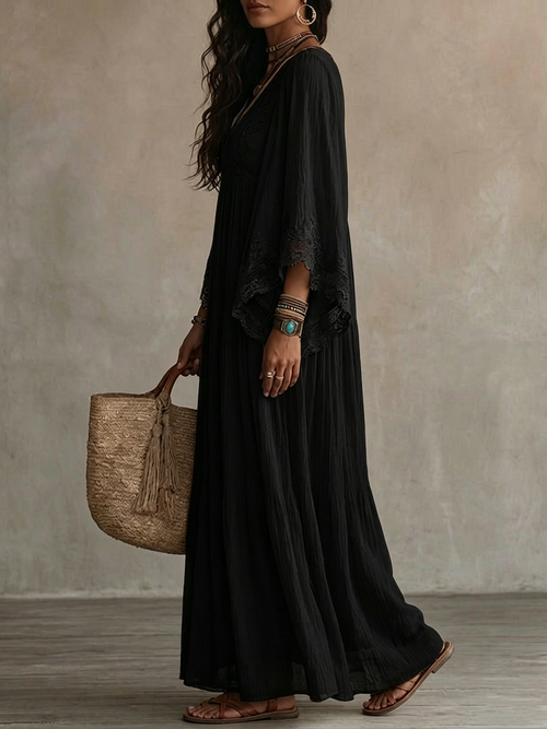 Ambra | Vestido maxi negro con escote en V y mangas murciélago