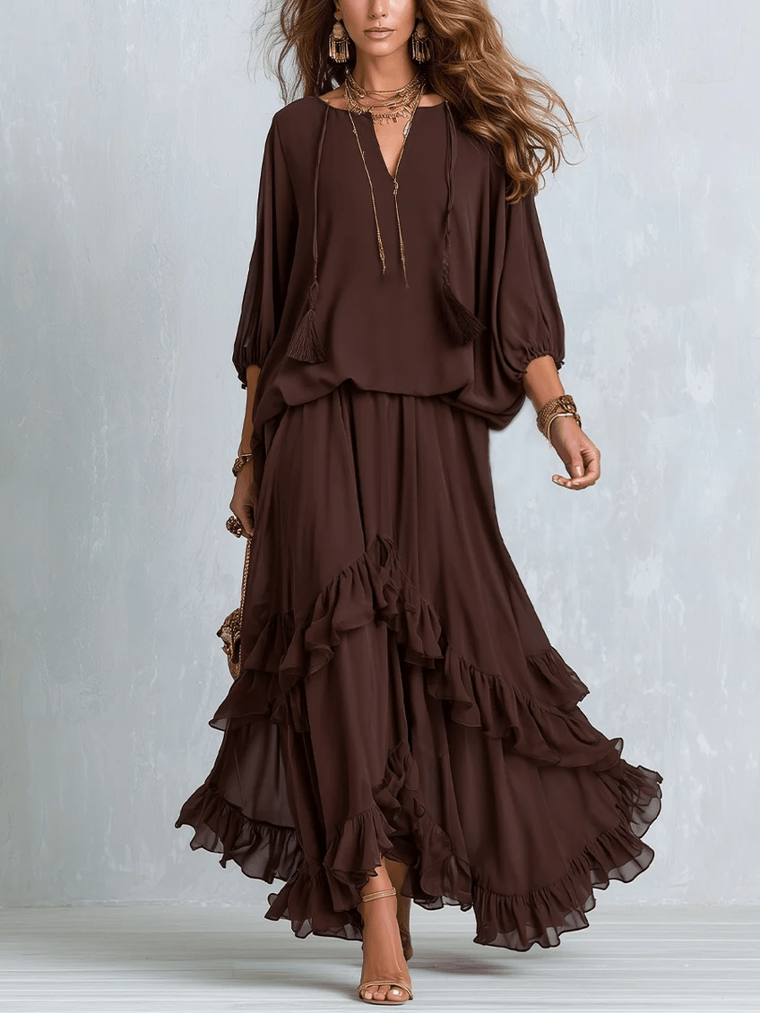 Conjunto de falda de gasa bohemia con volantes