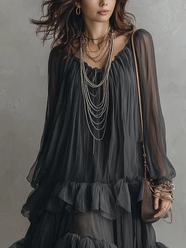Vestido largo transparente con volantes en capas