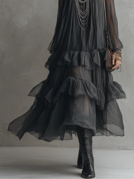 Vestido largo transparente con volantes en capas