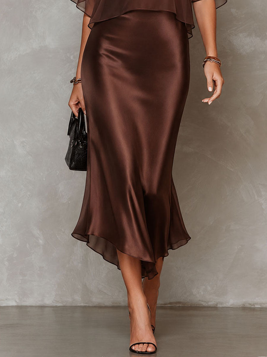 Conjunto de blusa de chifón y vestido midi de satén marrón