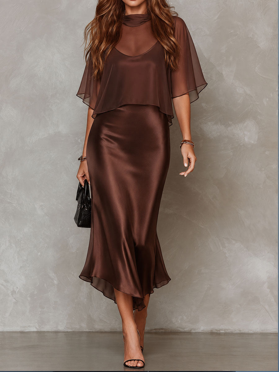 Conjunto de blusa de chifón y vestido midi de satén marrón