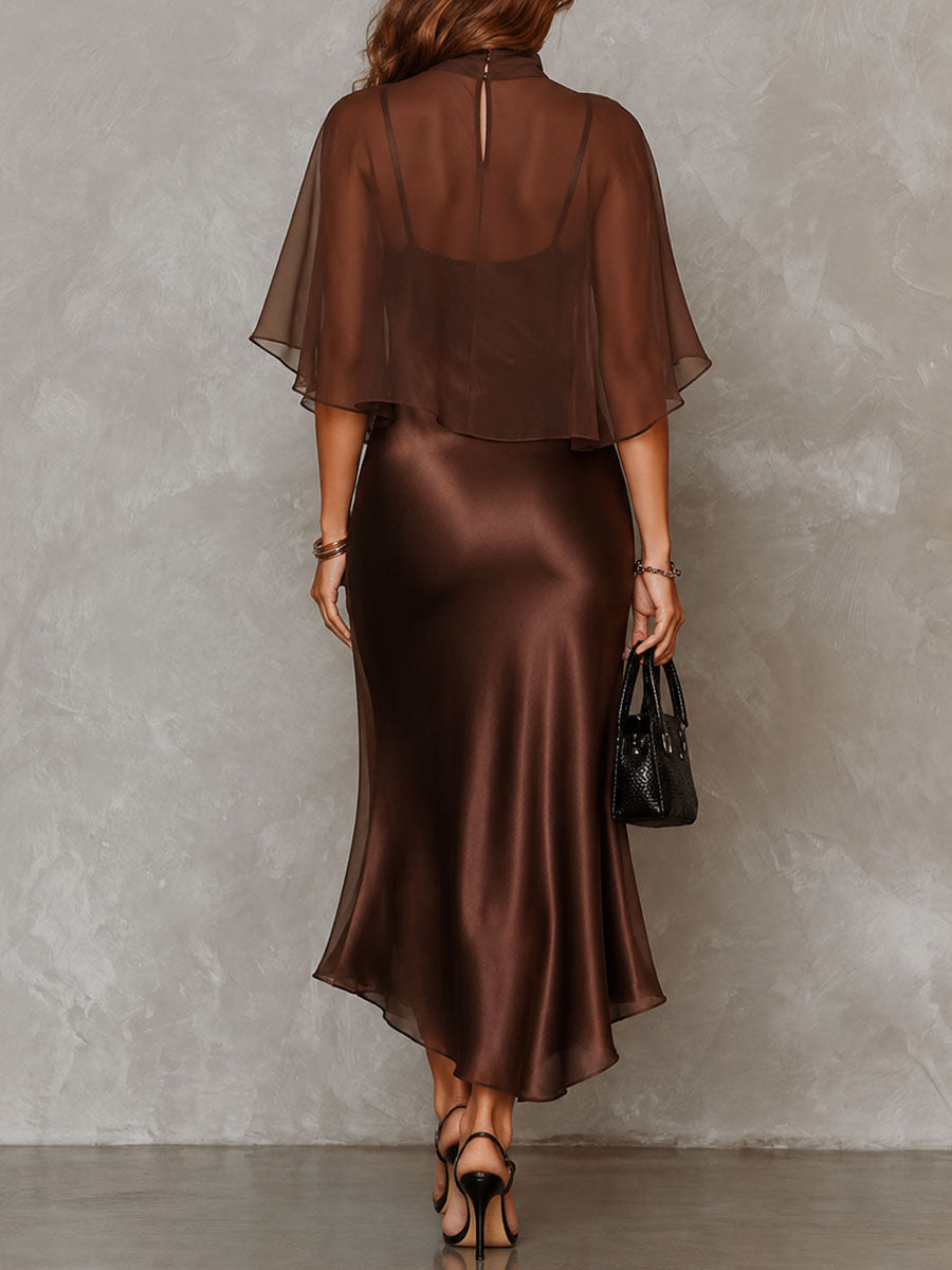 Conjunto de blusa de chifón y vestido midi de satén marrón
