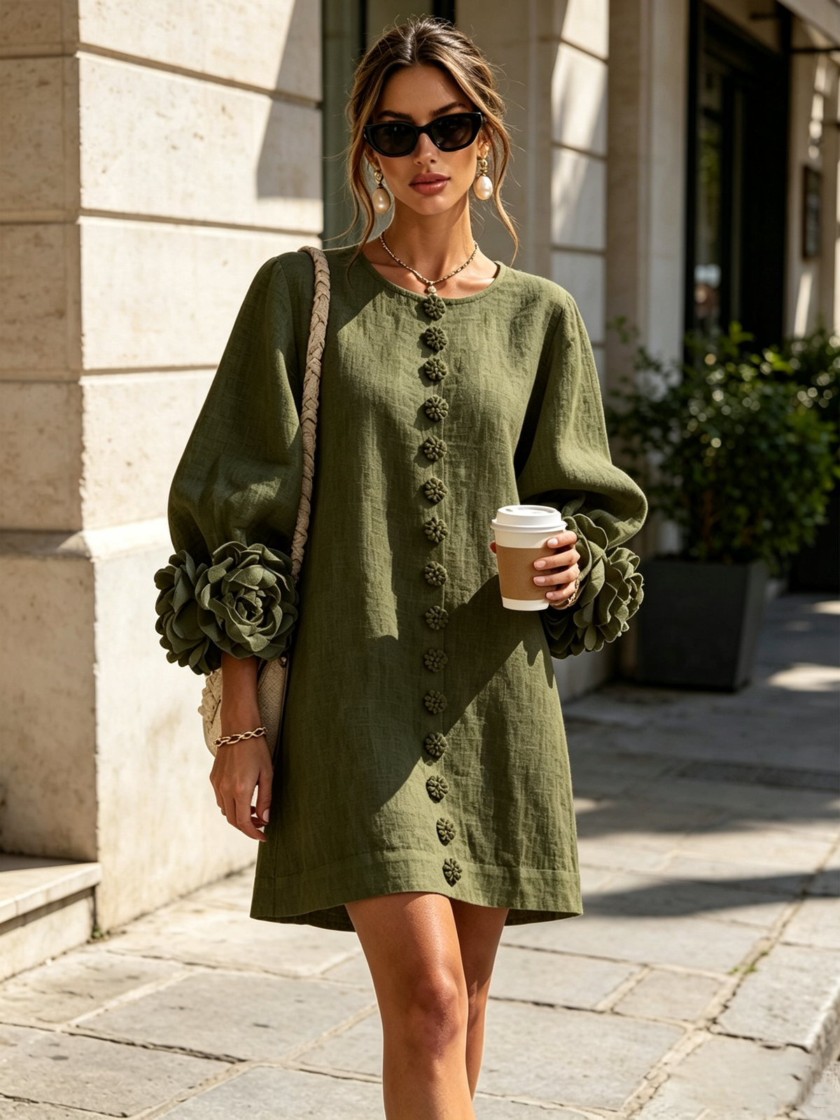 Vestido mini verde oliva con botones florales y puños llamativos