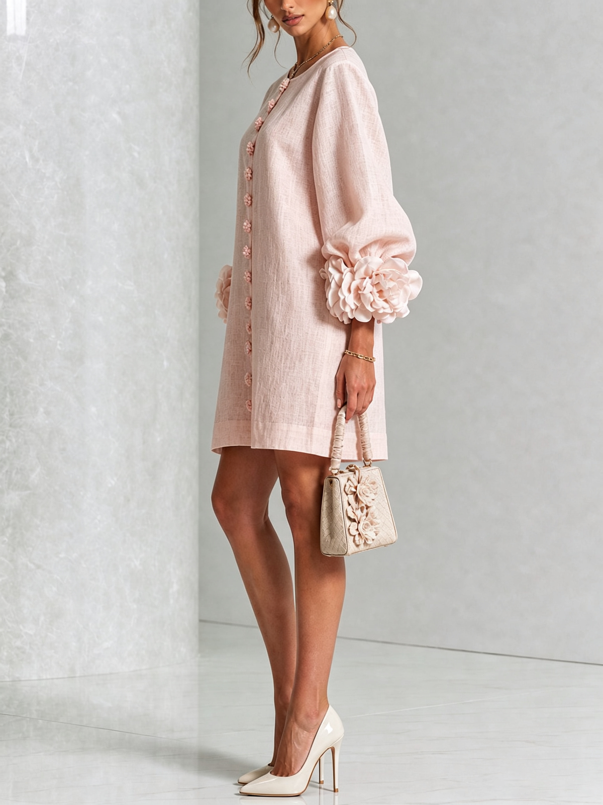 Vestido mini rosa con botones florales y puños llamativos