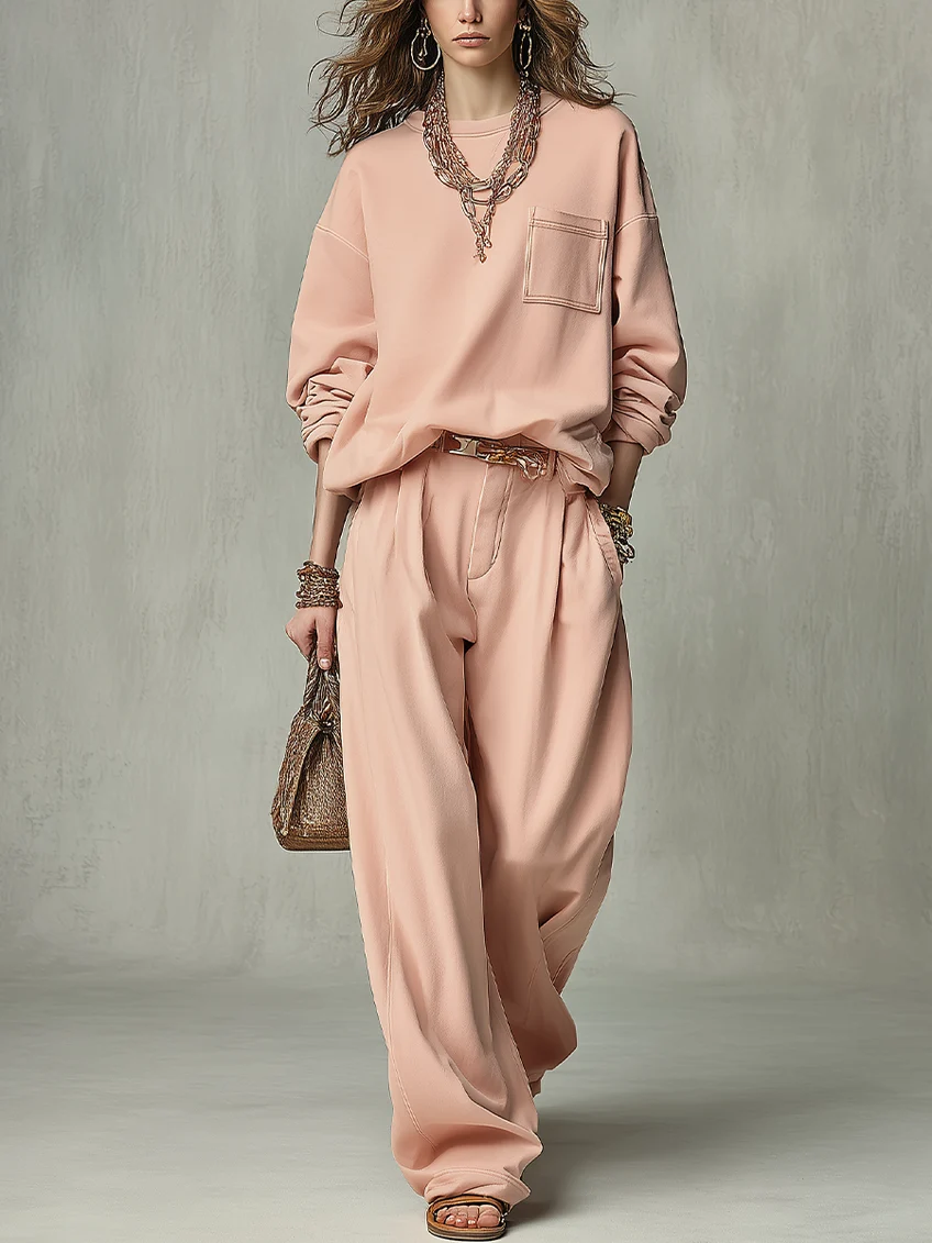 Conjunto rosa empolvado de sudadera de cuello redondo y pantalón de pierna ancha de talle alto