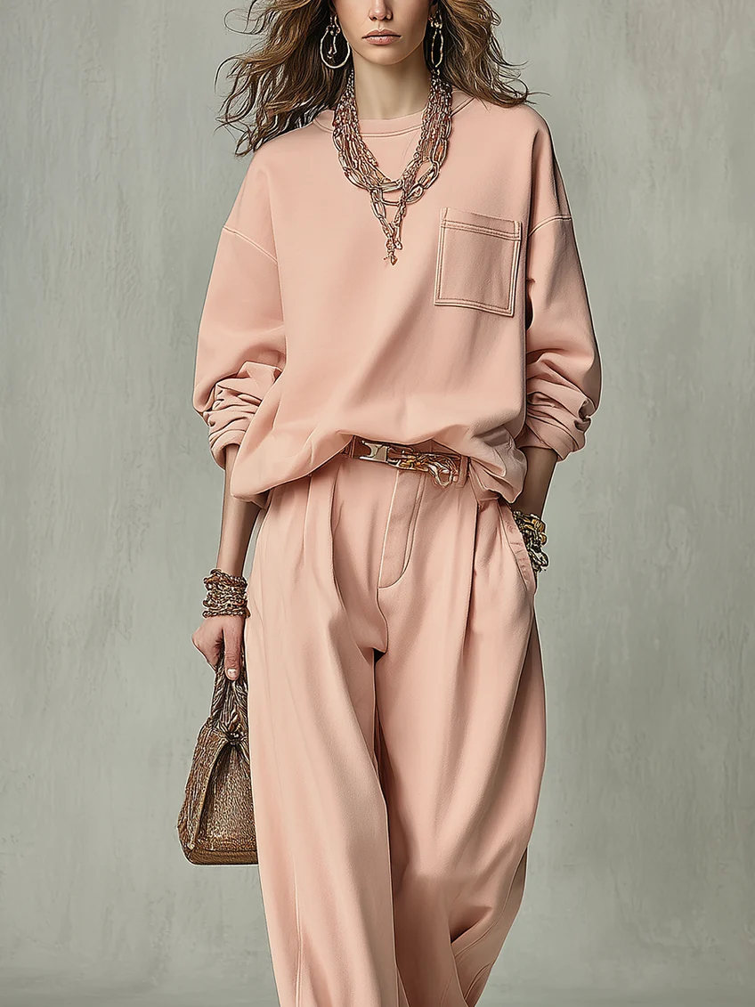 Conjunto rosa empolvado de sudadera de cuello redondo y pantalón de pierna ancha de talle alto