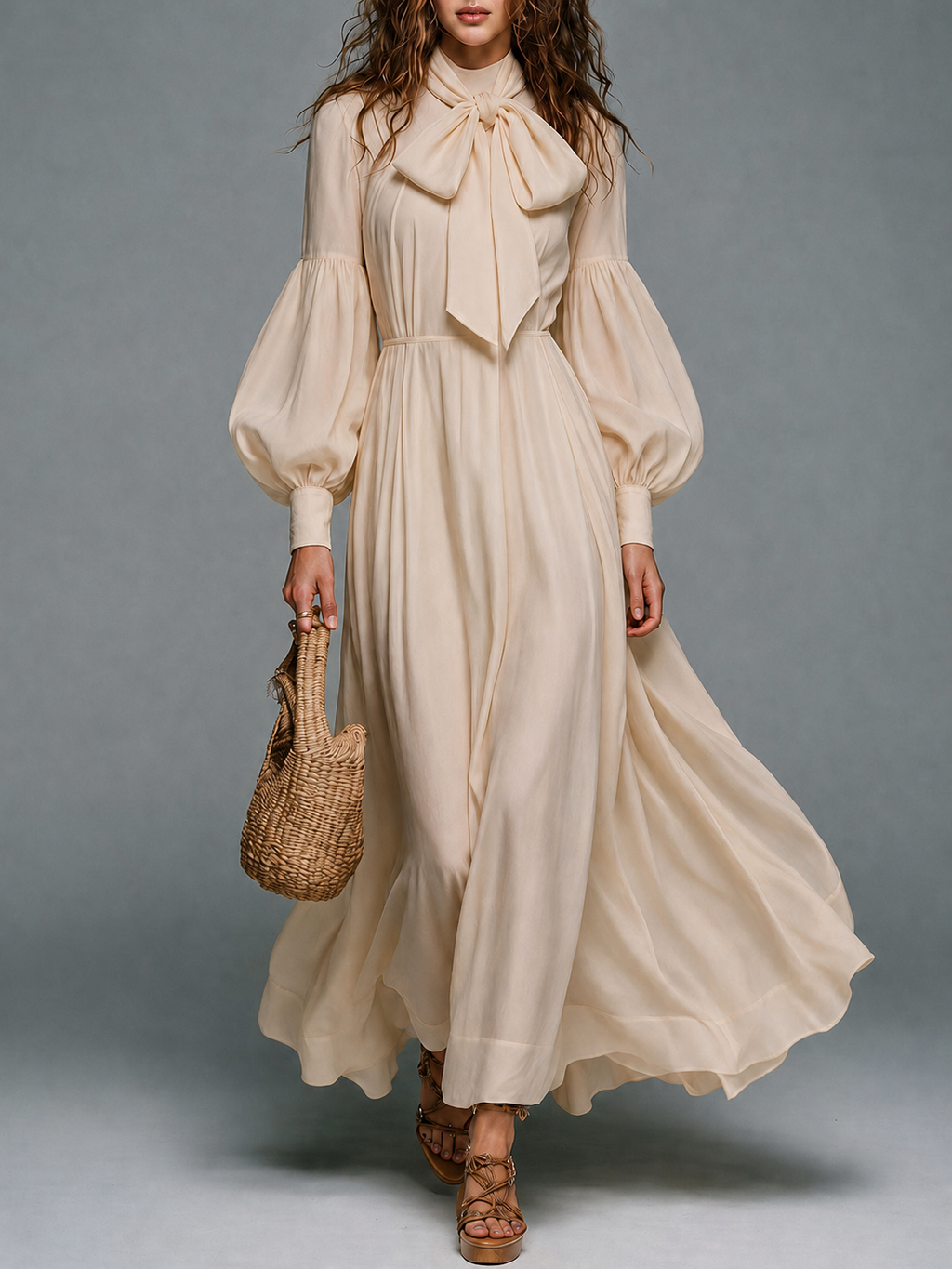 Vestido largo beige de manga larga con cintura elástica y lazo desmontable
