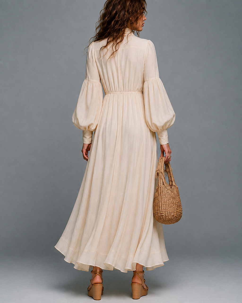 Vestido largo beige de manga larga con cintura elástica y lazo desmontable