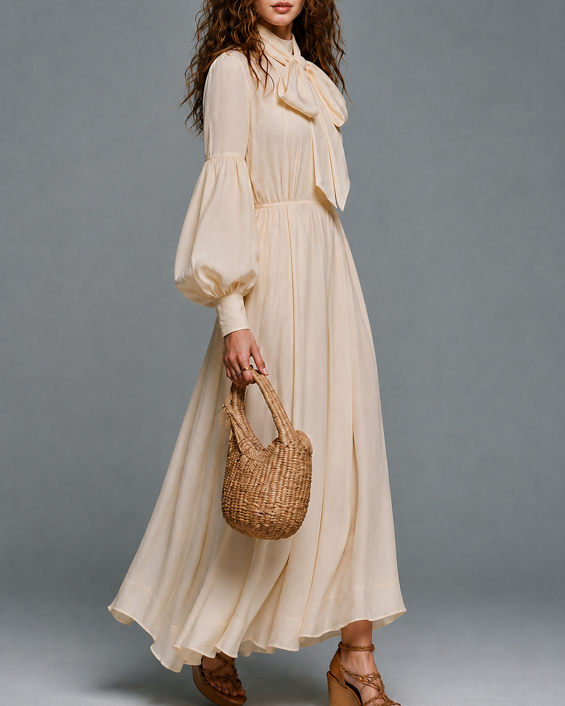 Vestido largo beige de manga larga con cintura elástica y lazo desmontable