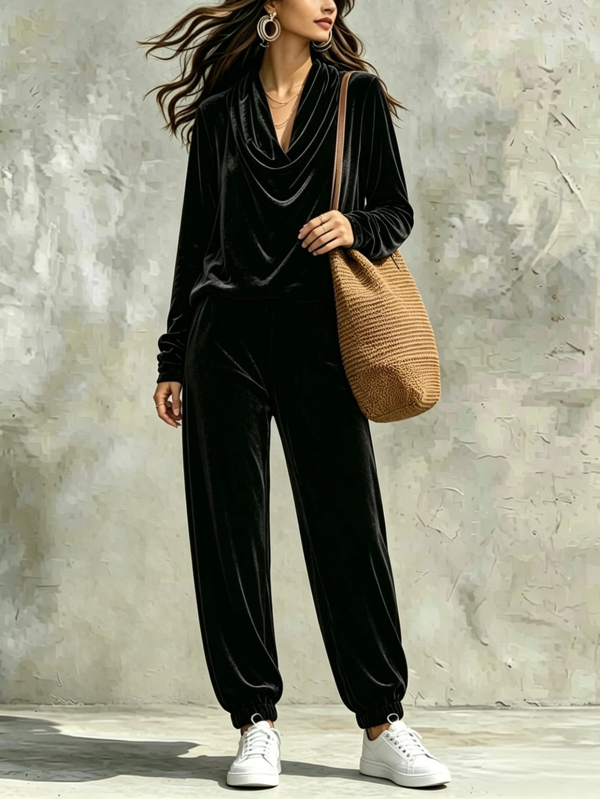 Conjunto Negro de Top de Terciopelo con Cuello Drapeado y Pantalón Jogger