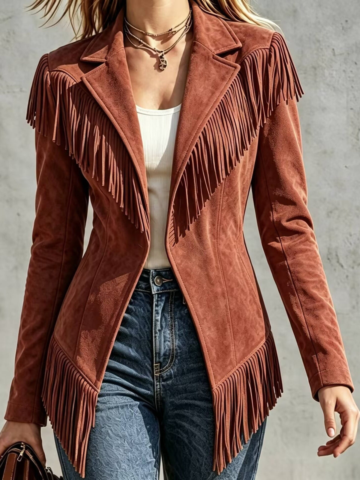 Chaqueta entallada de ante sintético con flecos y solapa