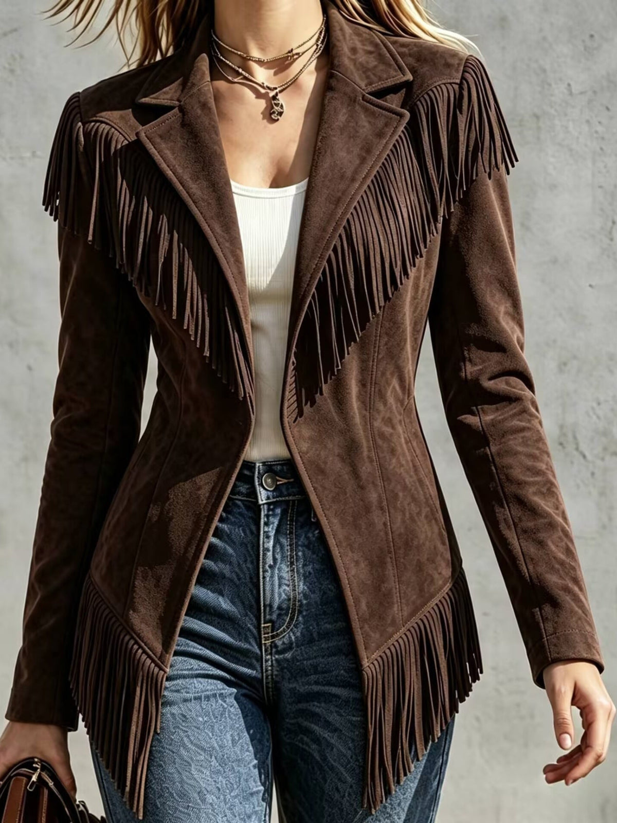 Chaqueta entallada de ante sintético con flecos y solapa