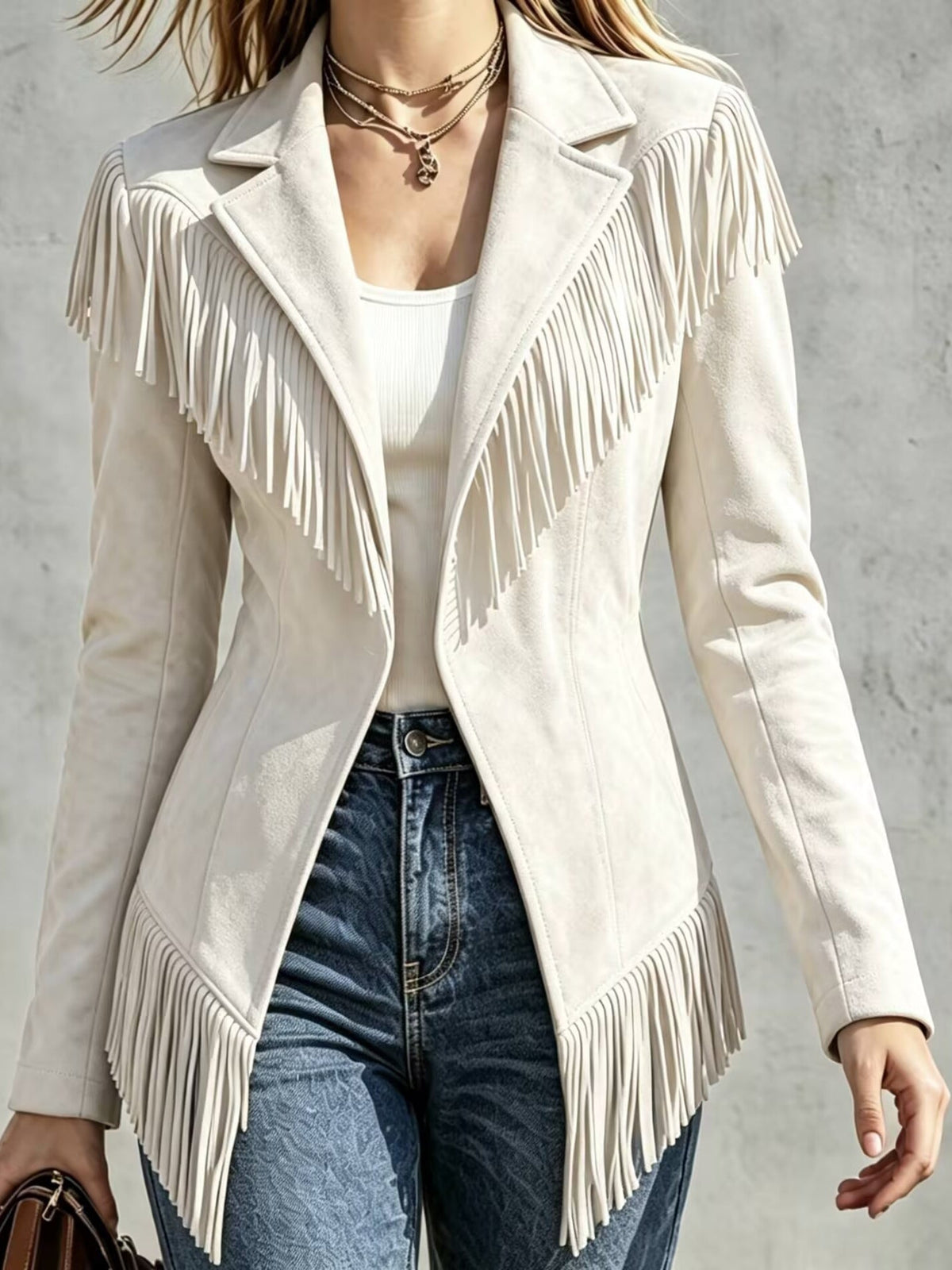 Chaqueta entallada de ante sintético con flecos y solapa
