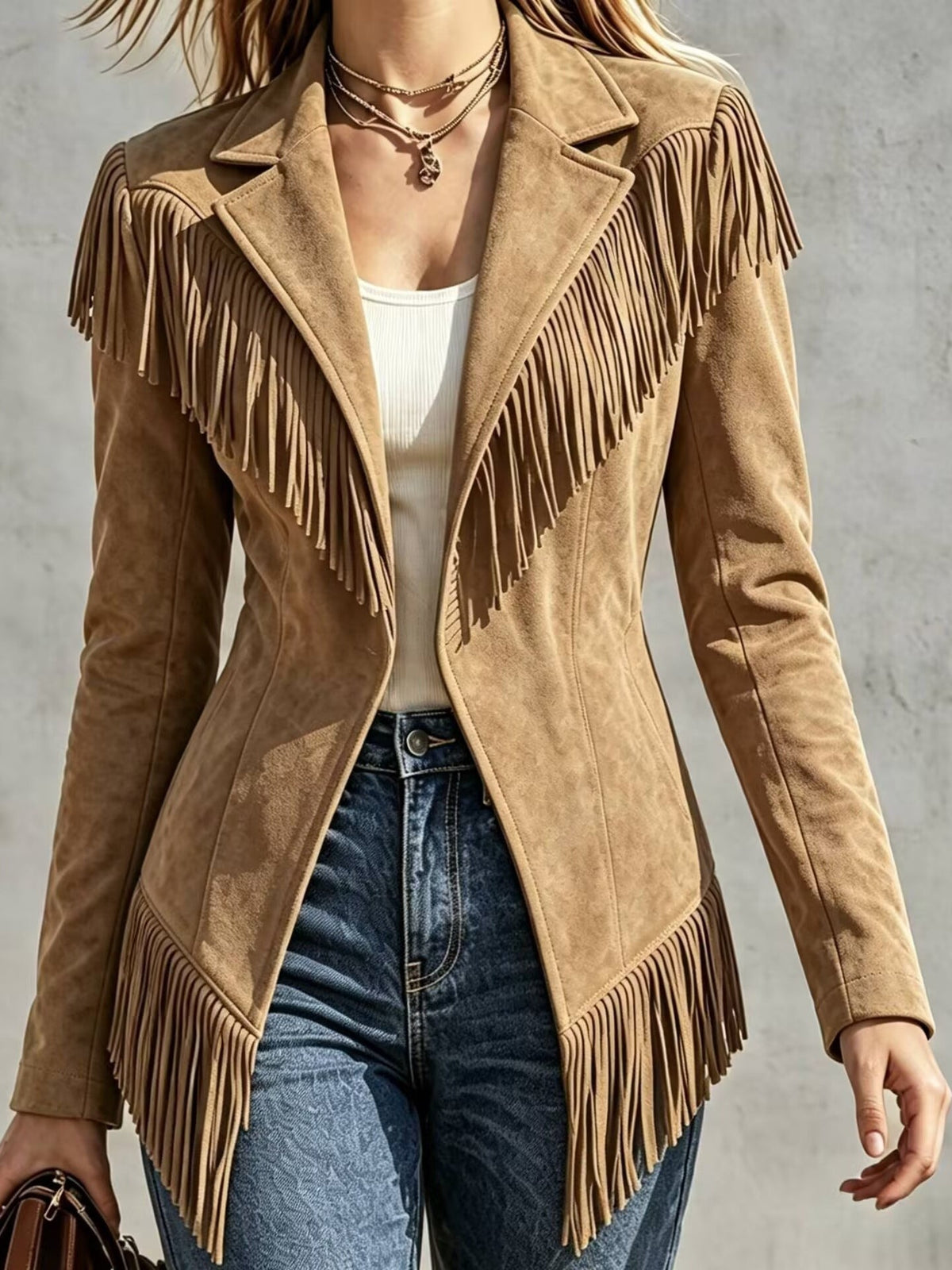 Chaqueta entallada de ante sintético con flecos y solapa