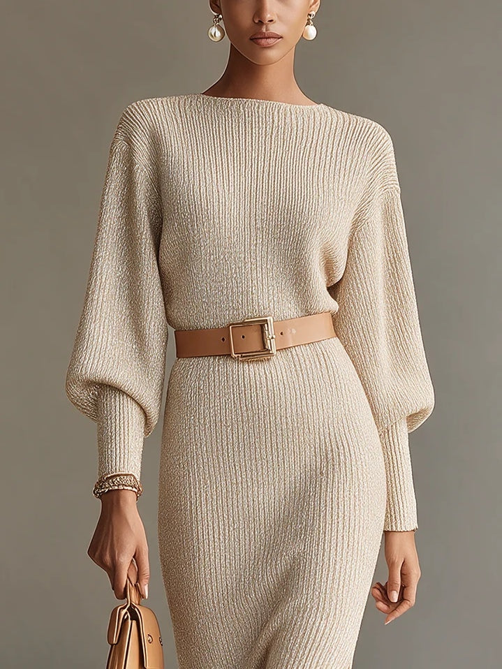 Vestido midi color avena con cuello barco, mangas abullonadas y cinturón