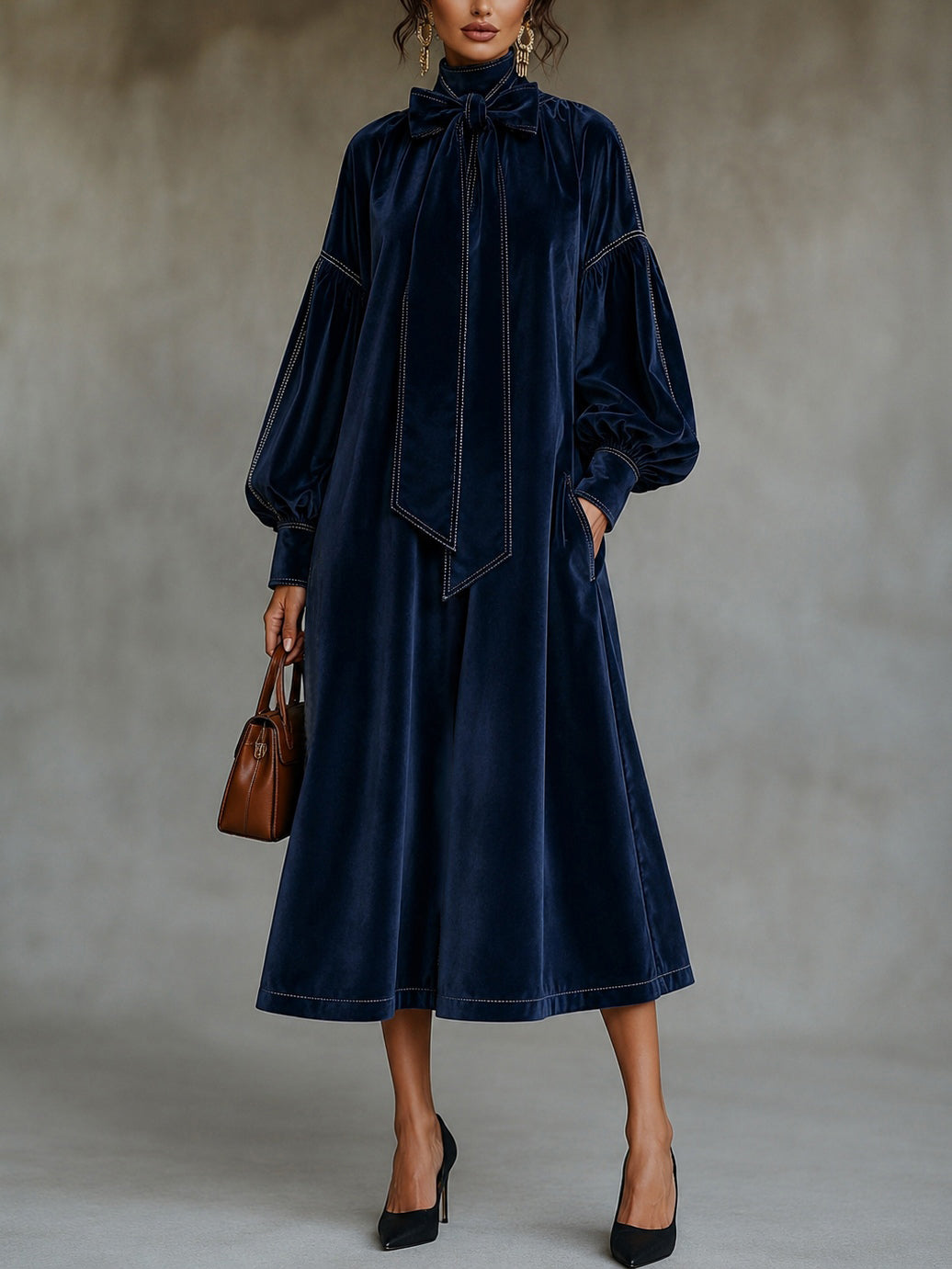Vestido midi de terciopelo azul marino con lazo y mangas abullonadas