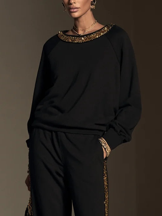 Conjunto de top de cuello barco con cuentas y pantalón ancho en negro y dorado