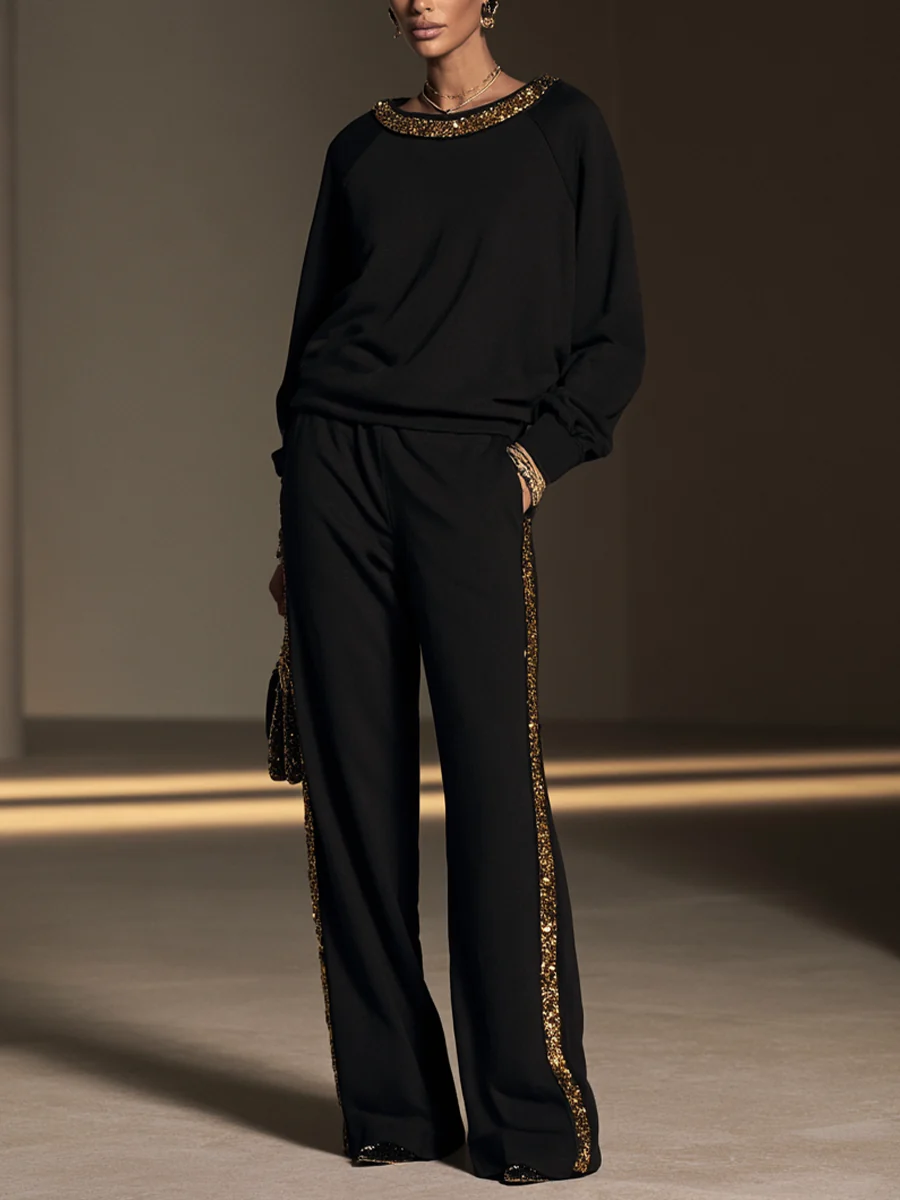 Conjunto de top de cuello barco con cuentas y pantalón ancho en negro y dorado