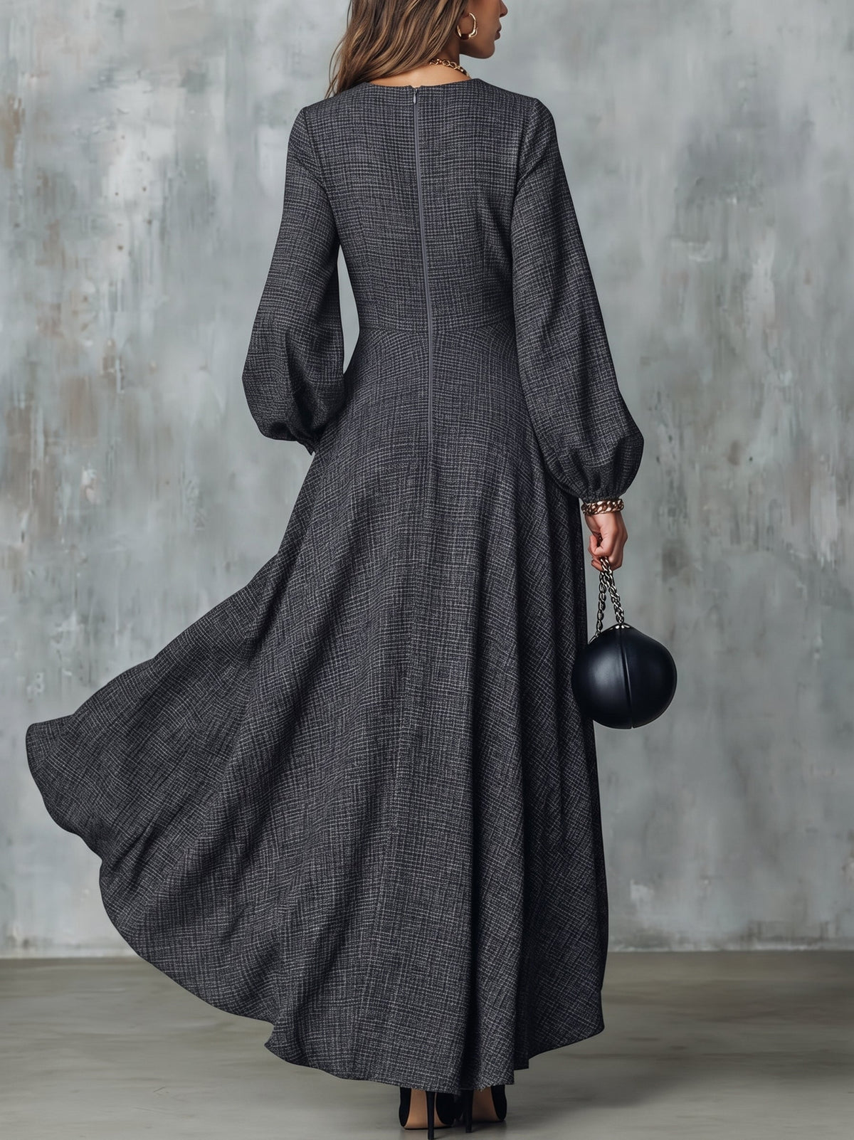 Vestido maxi gris antracita de línea A con mangas abullonadas