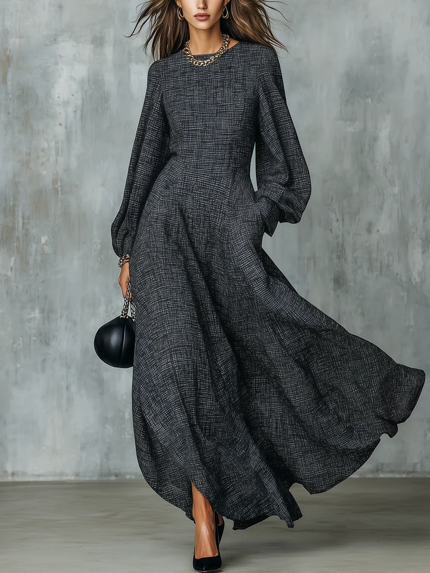 Vestido maxi gris antracita de línea A con mangas abullonadas
