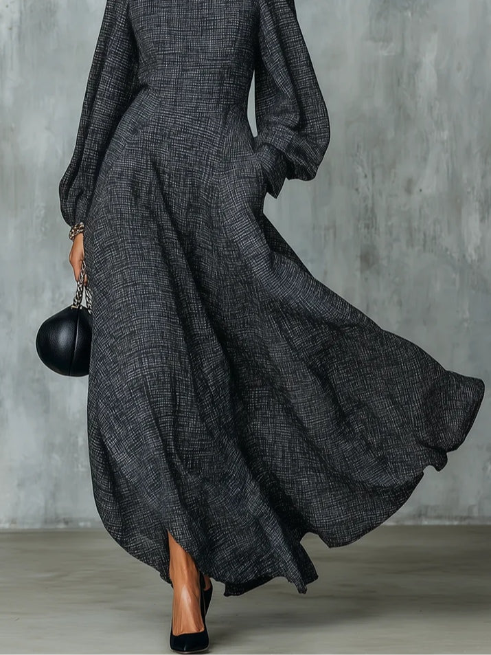 Vestido maxi gris antracita de línea A con mangas abullonadas