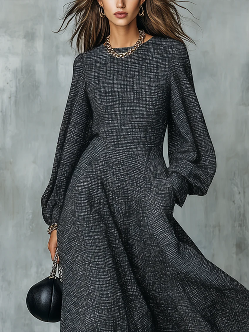 Vestido maxi gris antracita de línea A con mangas abullonadas