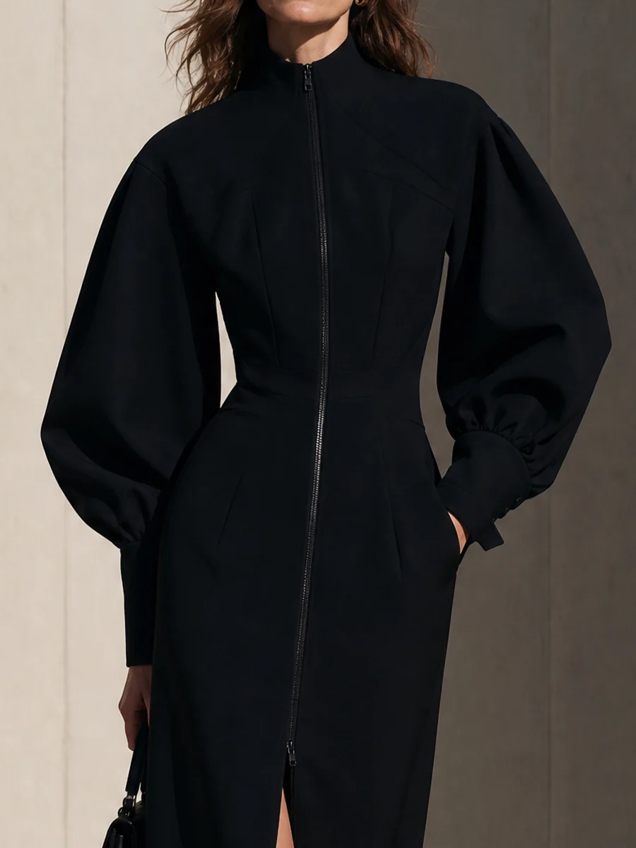 Vestido Midi Negro con Cremallera Frontal y Mangas Farol