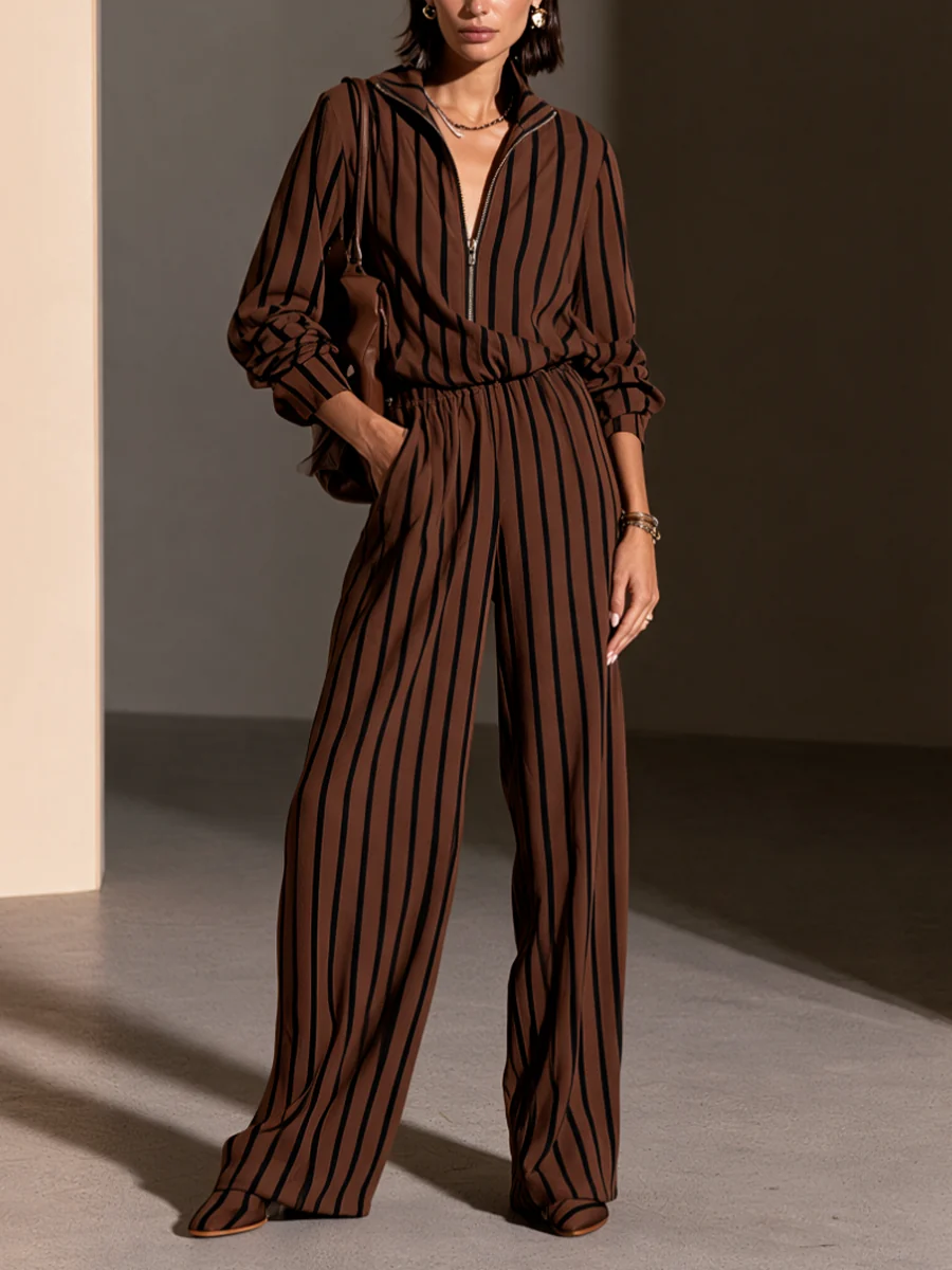 Conjunto de top a rayas con media cremallera y pantalón ancho con cintura elástica