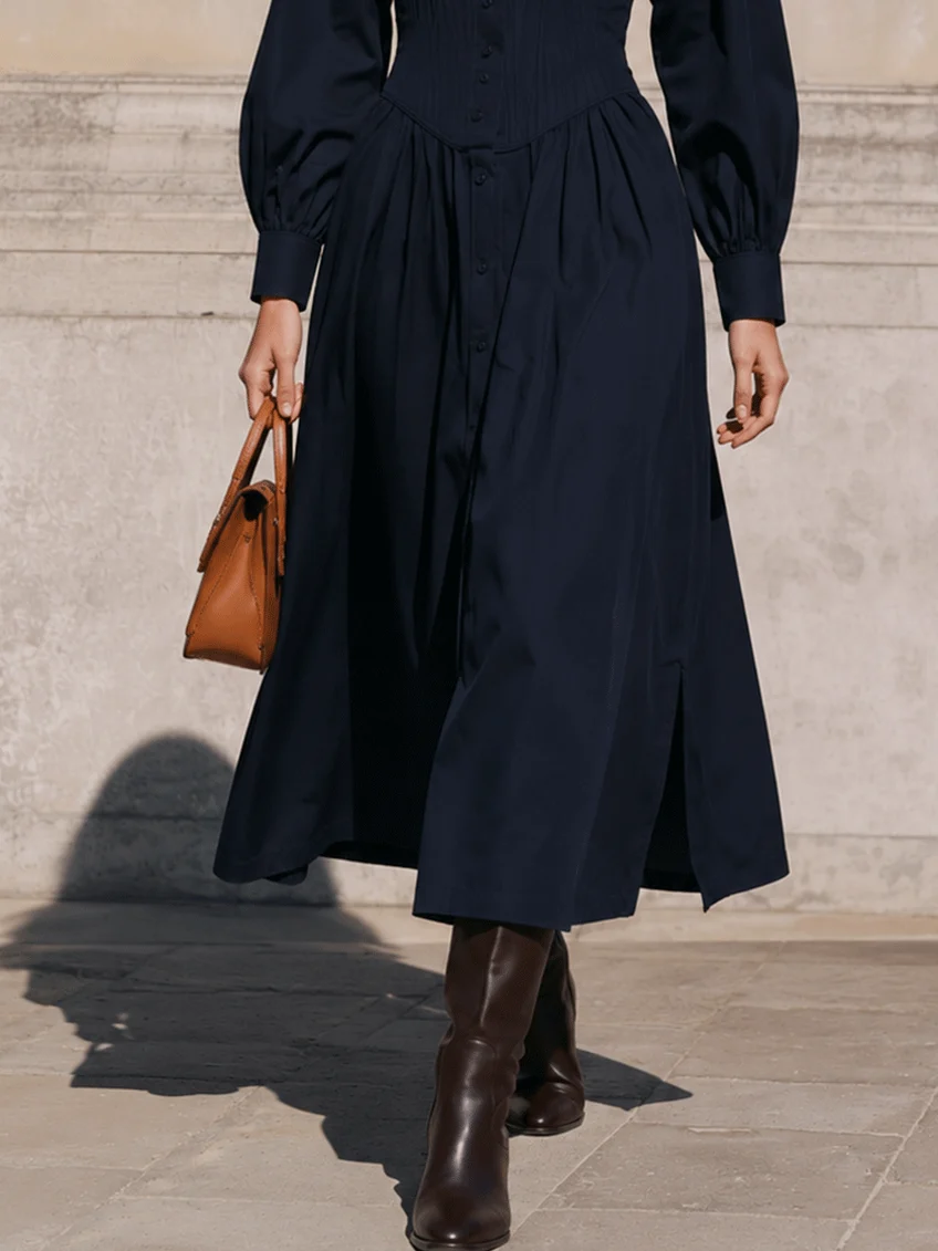 Vestido Midi Camisero con Cintura de Corsé en Azul Marino