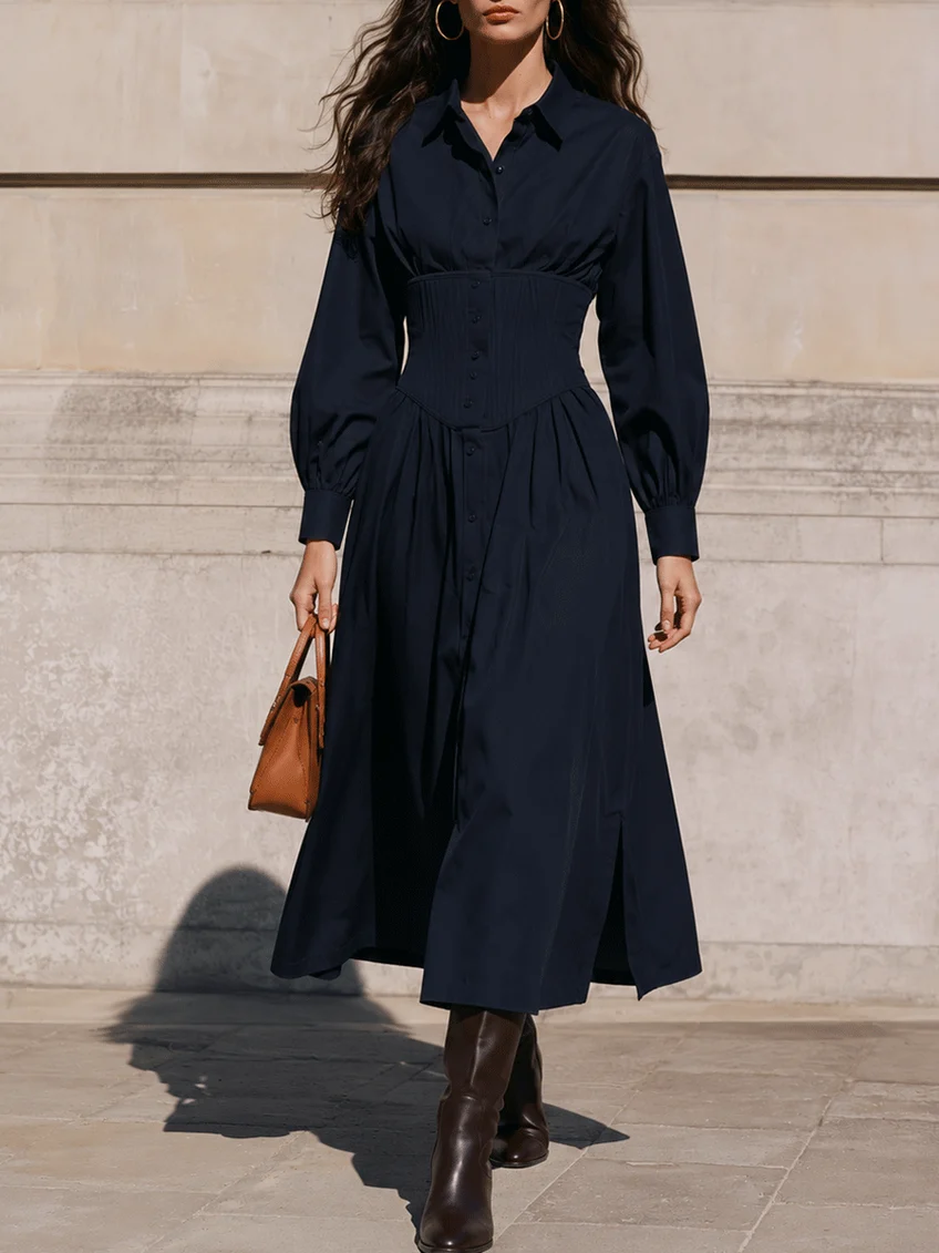 Vestido Midi Camisero con Cintura de Corsé en Azul Marino