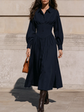 Vestido Midi Camisero con Cintura de Corsé en Azul Marino
