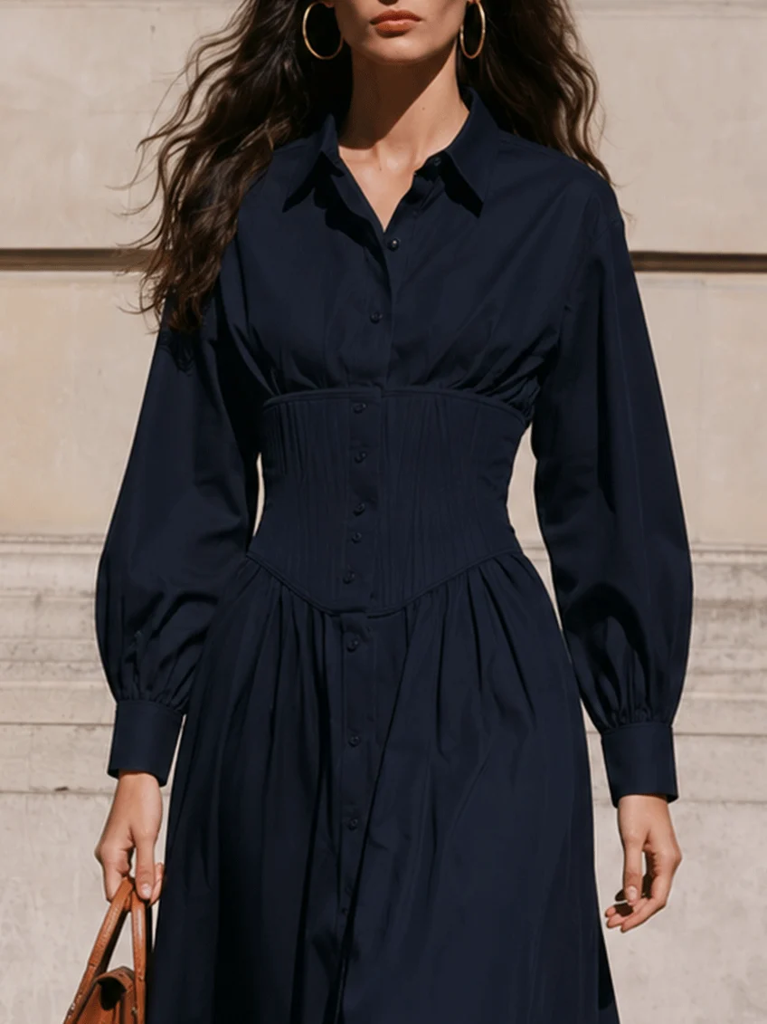 Vestido Midi Camisero con Cintura de Corsé en Azul Marino