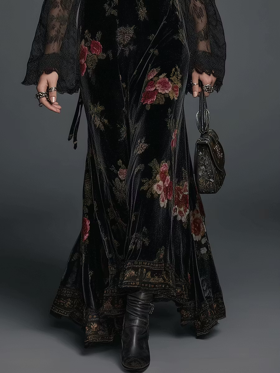 Vestido Maxi de Terciopelo Negro con Estampado Floral y Mangas de Encaje