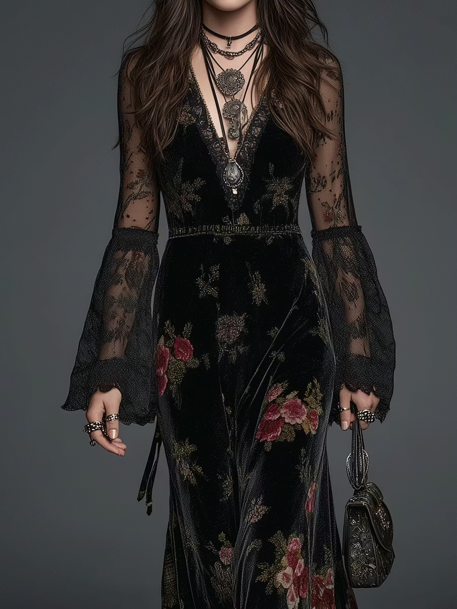 Vestido Maxi de Terciopelo Negro con Estampado Floral y Mangas de Encaje